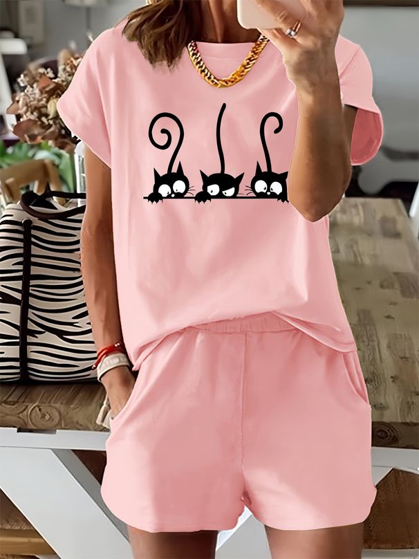 Women’s 2 Piece Outfit Set – Oversized Graphic T-Shirt And Biker Shorts Matching Set, Casual Summer Lounge Tracksuit For Daily Wear-298_ecoleips.com