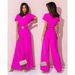 Women's Solid Color V Neck Casual Jumpsuit Short Sleeved Waist Trousers Clothing_ecoleips.com