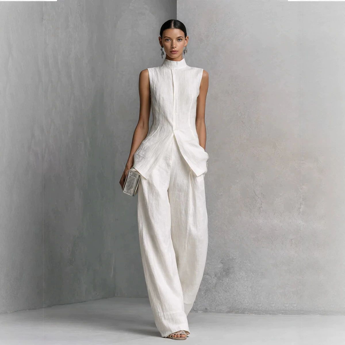 Flowy Fashion Sleeveless Trouser Set Solid Color Stylish Independent Store Shirt Women's Clothing Sets 2026 Europe & America_ecoleips.com