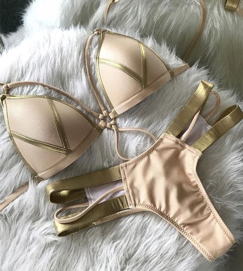 Women's Sexy Swimsuit Gold Foil Stitching Bikini Swimwear 4 Colors Available_ecoleips.com