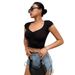 Voya Women's V-neck Pleated Slim Fit Pleated T-shirt With Elastic Exposed Belly Button Solid Color Ultra Short Sleeved Top_ecoleips.com