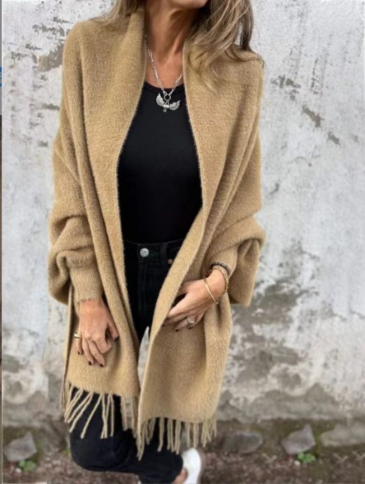 Women's Faux Mink Fleece Cape With Tassel Shawl Thickened Warm Batwing Solid Color Autumn Winter New Clothing_ecoleips.com