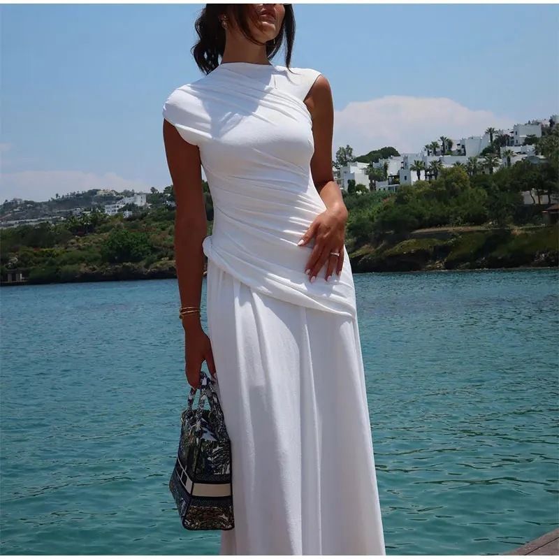 Summer Off-Shoulder Sleeveless Slim Fit Dress for Women High-Waisted Pleated Cross Border European American Style_ecoleips.com