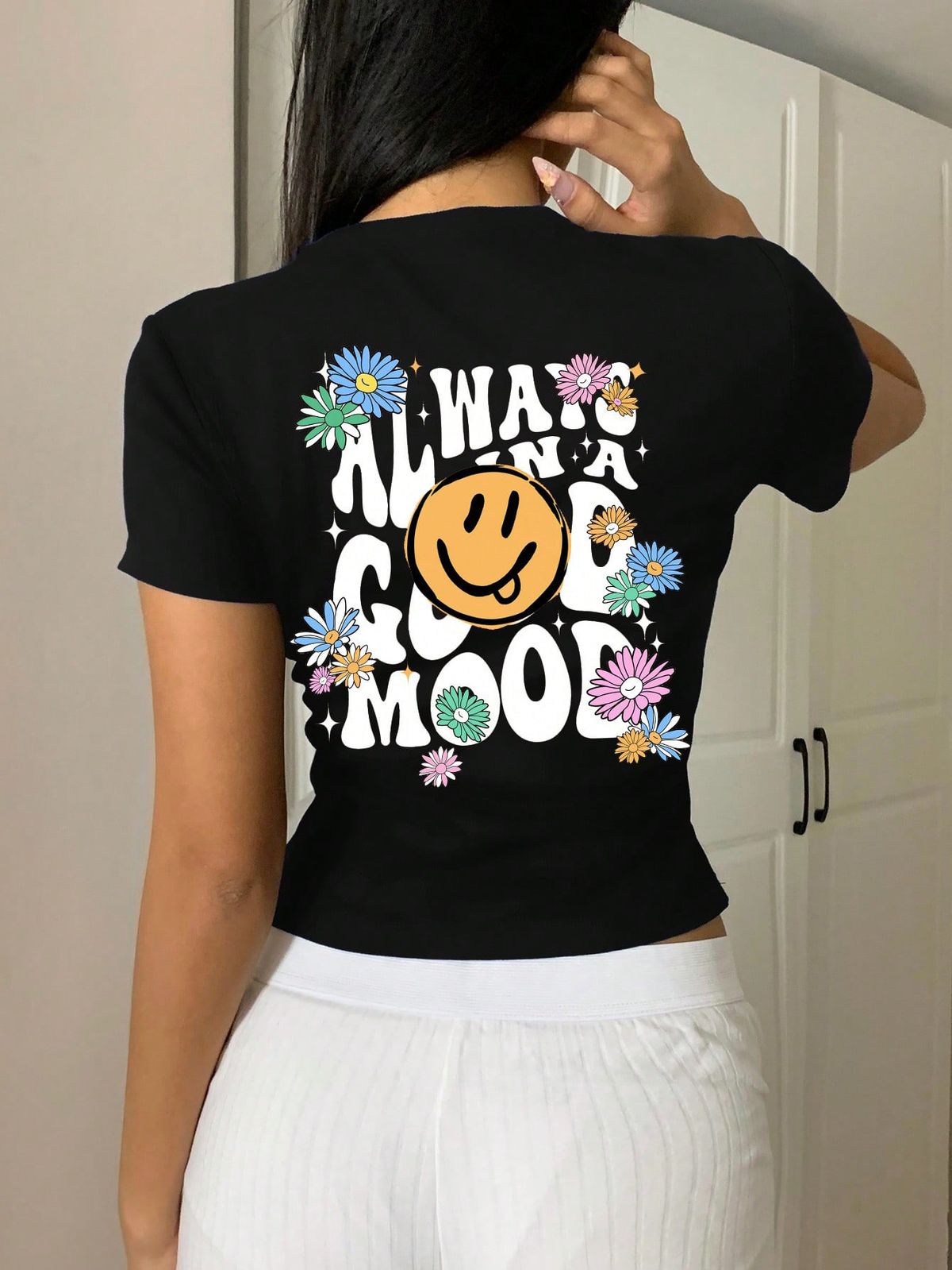 Women's Clothing Women's Round Neck Short Sleeve Cropped Top Butterfly Flower Smiley Face Print Casual Simple Enjoyment Custom Made_ecoleips.com