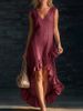 New Women's Clothing Fashionable Romantic Sleeveless V Neck Ruffled Hem Long Dress Casual Cotton Linen Clothing_ecoleips.com