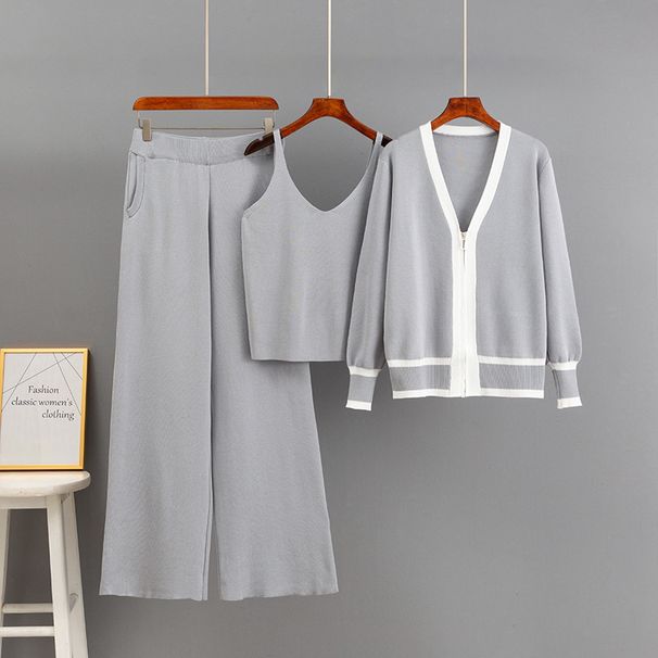 Color Blocked Three Piece Set for Women V Neck Long Sleeved Knitted Cardigan Zip up Top Camisole Loose Wide Leg Pants_ecoleips.com