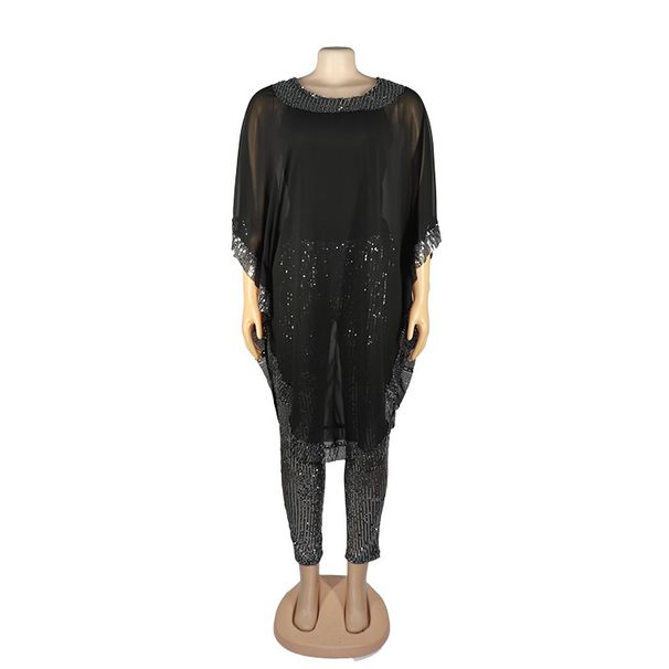 Women's Clothing Women's Suits Large Size Tops Sequined Chiffon With Inner Suspenders And Elastic Sequined Trousers_ecoleips.com