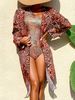 Women's Retro Print Gold Foil One Piece Swimsuit Long Sleeve Sun Protection Cover Up Hot Spring Two Piece Set_ecoleips.com