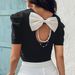 Women's Clothing New Square Neck Puff Sleeves Sweet Bow Backless Short Sleeved Top_ecoleips.com