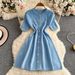 Women's Clothing Gentle Pink Round Neck Knitted Dress Summer Women's Clothing Metal Buckle Waist Slim A Line Medium Length_ecoleips.com