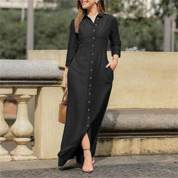 Women's Autumn New Denim Dress Shirt Collar Denim Single Row Button Casual Comfortable Long Sleeved Flip Tie Pocket Long Dress_ecoleips.com