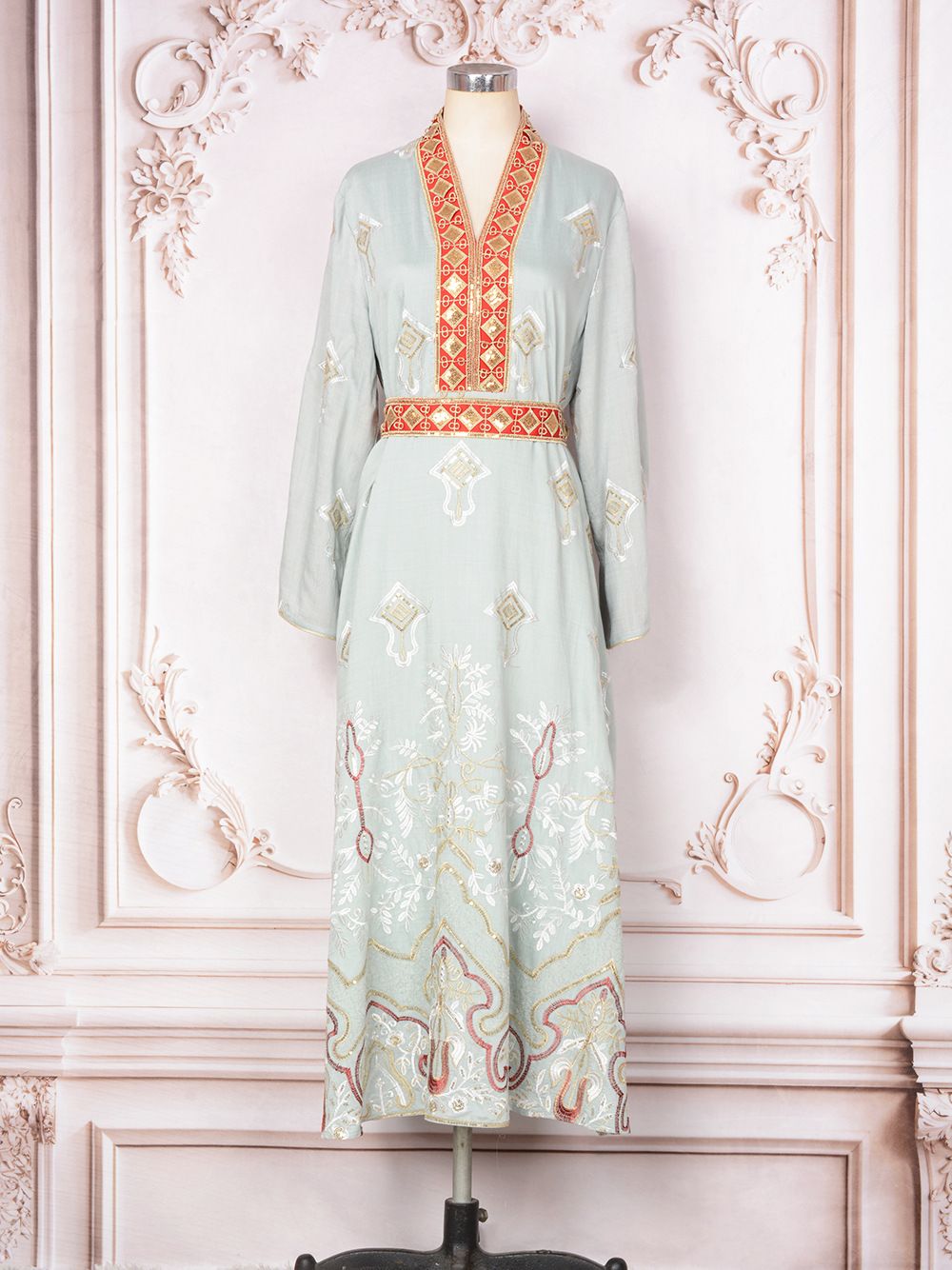 Women’s Clothing Muslim Women's Splicing V Neck Long Sleeved Muslim Dress Spring New Beaded Dress Long Skirt_ecoleips.com