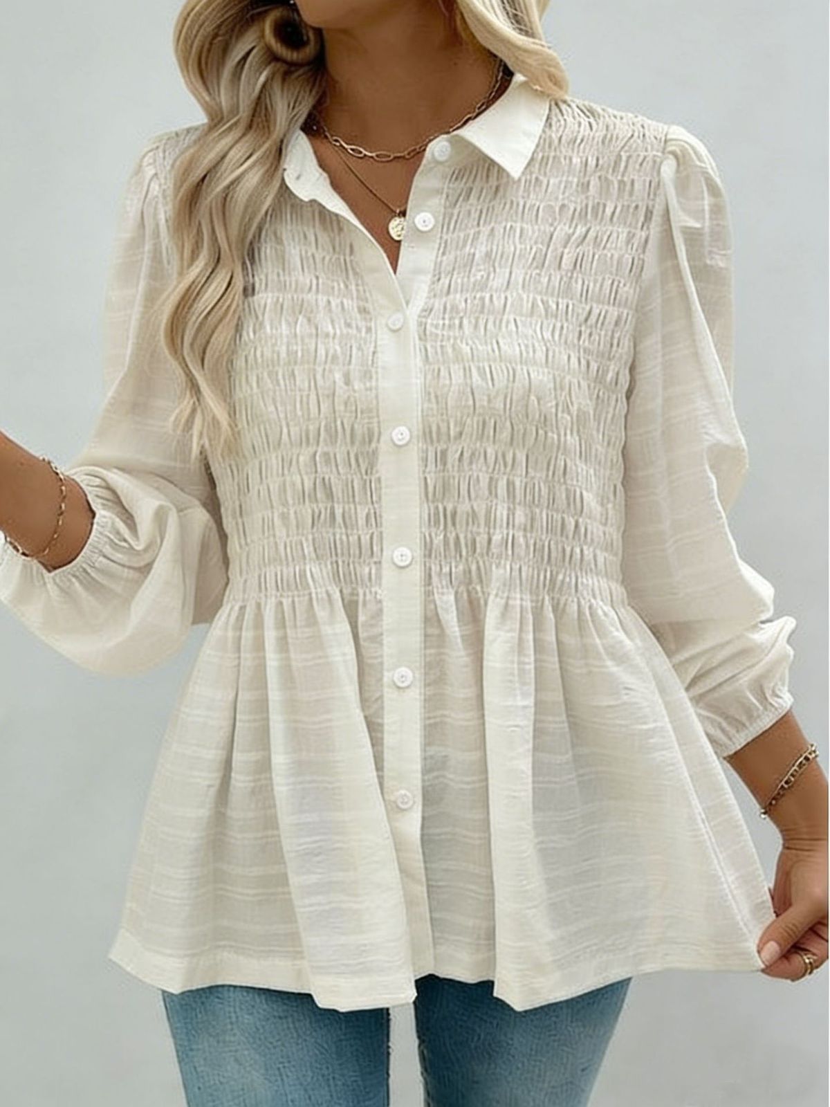 2026 European And American Spring/Summer New Solid Color Button Casual Fashion Long Sleeve Gathered Shirt For_ecoleips.com