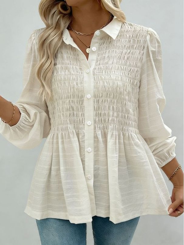 2026 European And American Spring/Summer New Solid Color Button Casual Fashion Long Sleeve Gathered Shirt For_ecoleips.com