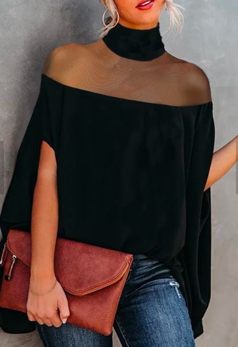 Women's Clothing Off-Shoulder Cape Style Batwing Top Loose Fit Casual Elegant Fashion T-Shirt For All Seasons_ecoleips.com
