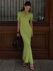 Tossy Knit Hollow Out Lace-Up Dress Female Ribbed Short Sleeve Patchwork High Waist Elegant Long Dress Women's Knitwear Dress_ecoleips.com