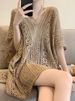 Women's Knitted V-Neck Batwing Sleeve Top Hollow Out Loose Fit Summer Plus Size Slimming Versatile Casual T-Shirt_ecoleips.com