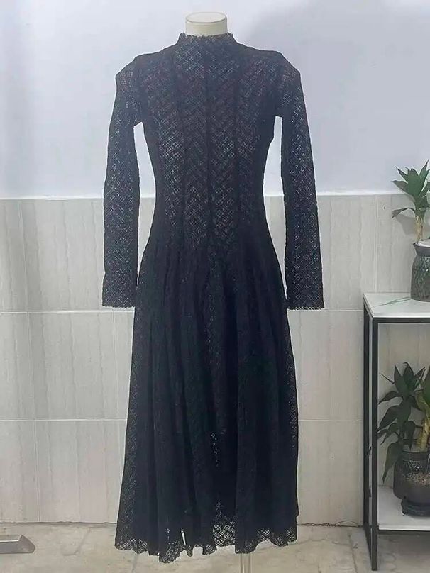 Fashion Lace Dress Women's Round Neck Hollow Out Slim Long Sleeve Retractoin Waist Big Swing Dresses New Dress XP8R_ecoleips.com