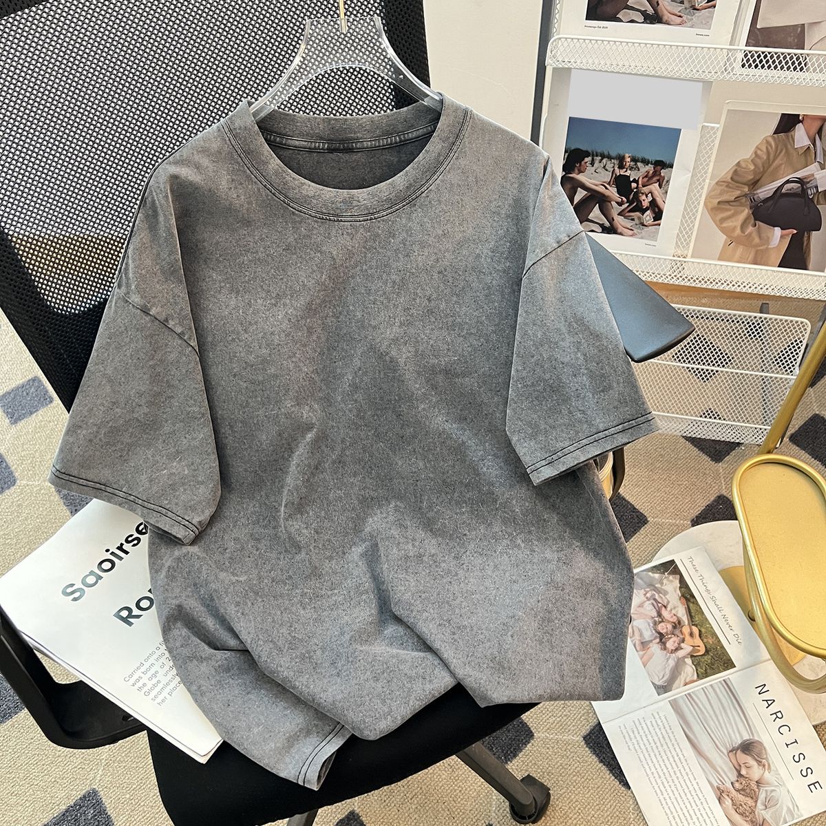 Women's Clothing Batik Washed Gray Cotton Short Sleeved T Shirt Summer New Style Washed Retro Trend All Match Loose Top Trend_ecoleips.com