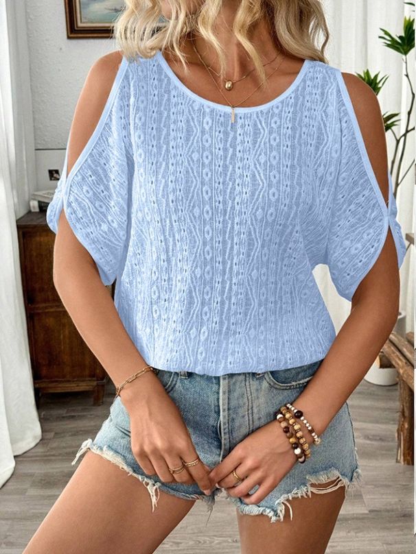 Women's Clothing Spring And Summer New Solid Color Off Shoulder Hollow Bat Sleeve T Shirt For Women_ecoleips.com