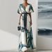 Women's Clothing V Neck Digital Printing String Short Sleeve Dress Long Skirt_ecoleips.com