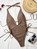 Women's Clothing Solid Color High Waist Triangle One Piece Swimsuit Women's Beach Spa V Neck Bikini Lace Up European And American Style_ecoleips.com