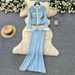 Women's Clothing Two Piece Suit Long Sleeve Sweater Skirt Set Autumn Collection French Contrast Metal Button Lotus Leaf Hem_ecoleips.com