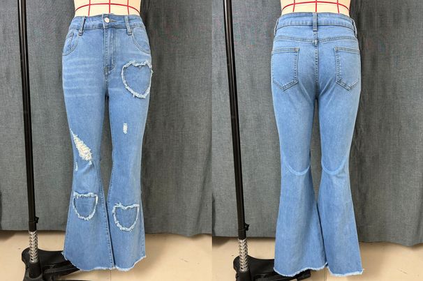 Women's Light And Dark Blue Denim Jeans, Versatile Flared Cut, Fashionable And Casual Heart Shape, Ripped Flared Jeans, Stretchy._ecoleips.com