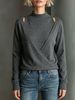Dark Grey Mock Neck Cutout Wrap Pit Rib Knit Sweater, Loose Lightweight Breathable Soft Skin-touch Long Sleeve Pullover_ecoleips.com