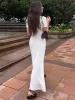 Tossy White Knit Fashion Maxi Dress For Women Short Sleeve Patchwork Elegant Party Dress Lapel High Waist Knitwear Women's Dress_ecoleips.com