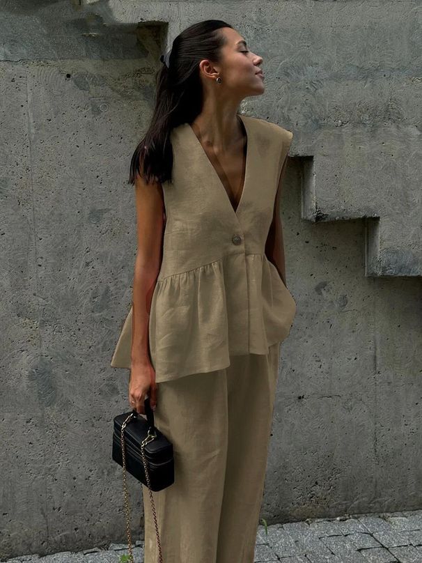 Women's Cotton V-Neck Sleeveless Top And Vest Trousers Suit European And American Style Pure Color Temperament Commuter Two-Piece Set_ecoleips.com
