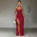 Women's Clothing New Sexy Back Strap Slit Evening Dress Solid Color Suspender Dress_ecoleips.com
