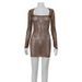 European And American Foreign Trade Women's Low-Cut Square Neck Long Sleeve Waist-Cinching Bodycon Sexy Hot Girl_ecoleips.com