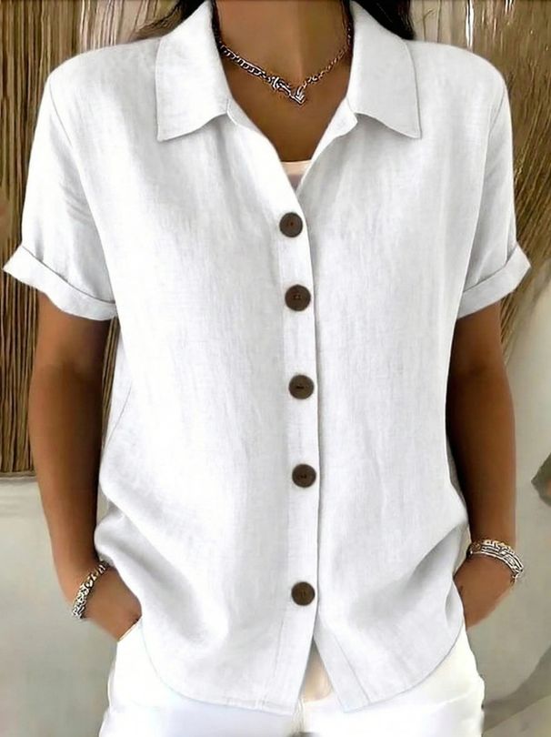 Women's Loose Casual Cotton Linen Shirt Lapel Button Short Sleeve Thin Summer Fashion European American Style Blouse_ecoleips.com