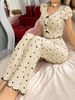 Women's Clothing Home Clothes Printed Heart V Neck Short Sleeved Pajamas Long Pants Two Piece Suit_ecoleips.com