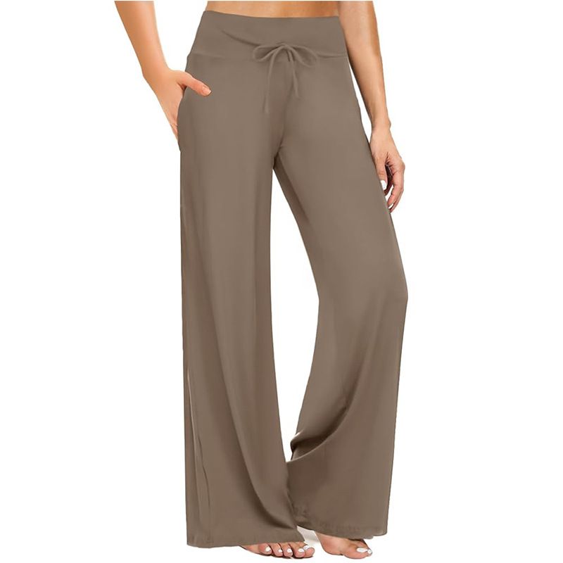 High-Waisted Drawstring Wide-Leg Pants – Summer Yoga Lounge Pants With Side Pockets (Black/Indigo/Mocha)_ecoleips.com