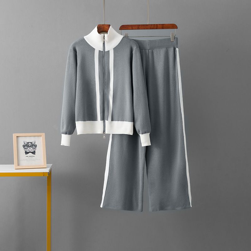 Women's Knitted Cardigan Top And Wide Leg Pants Set Double Headed Zipper Casual Spring Autumn Two Piece Outfit_ecoleips.com