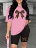 Summer Women's Casual And Fashionable Leopard Print Bow Print Loose T-shirt+shorts Two-piece Sportswear Suitable For Daily Wear-35_ecoleips.com