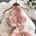 Women's Clothing Sexy Backless Hollow Halter Neck Long Dress Beach Vacation Style Pleated Skirt For Casual Party Evening_ecoleips.com