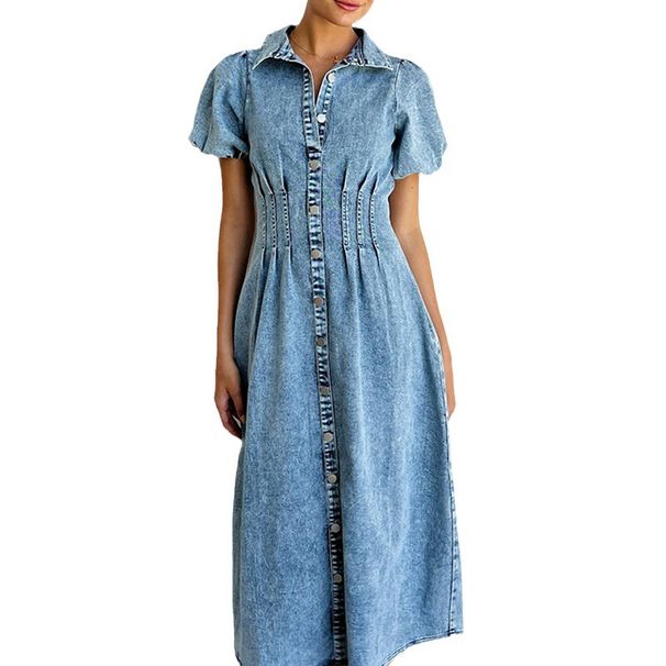 Women's Clothing Puff Sleeves Short Sleeves Distressed Casual Style Shirt Denim Long Dress_ecoleips.com