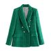 European American Women's Fashion Spring And Autumn Double-Breasted Tweed Plaid Blazer Retro Long Sleeve Poc Suit_ecoleips.com