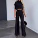 Women's Clothing Solid Color Commuting Temperament Mid Sleeve Navel Exposed Top High Waist Wide Leg Trousers Suit_ecoleips.com