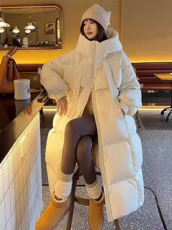 Women's Long Padded Coat Winter Warm Loose Fit Polyester Cotton Blend Jacket With Polo Collar, Plus Size Available In Beige, Black, Brown, Khaki_ecoleips.com