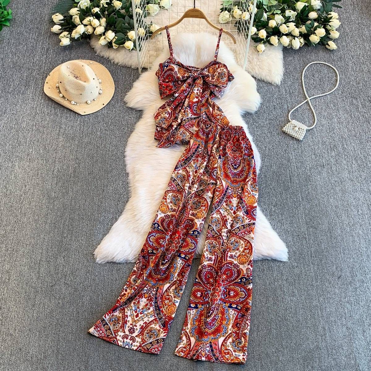 Women's Clothing Retro Style Two Piece Set With Bow Tie V Neck Camisole And High Waisted Slimming Wide Leg Pants Unique Exquisite Design Casual Outfit_ecoleips.com