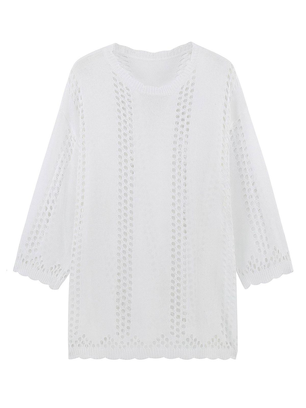 Vacation Style Mesh Knit Top, Loose Mid-length Hollow Out Bikini Cover Up, Summer Round Neck Drop Shoulder Vertical Stripes Outerwear_ecoleips.com