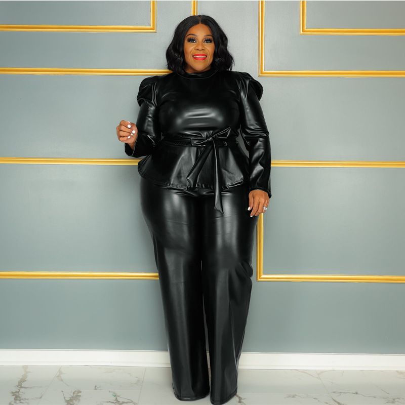 Women's Clothing Plus Size Women's PU Leather Suit Jacket Stand Collar Belt Long Design For Casual And Formal Wear_ecoleips.com