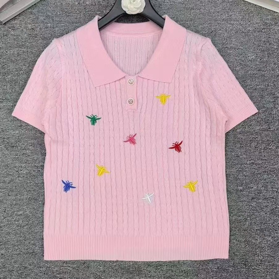 Elegant Embroidered Polo Knit Top For Women - Breathable Viscose Blend Short Sleeve Casual Summer Blouse_ecoleips.com