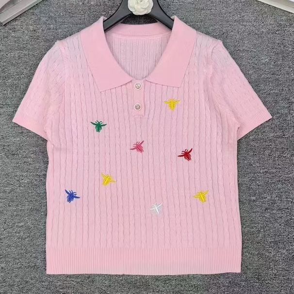 Elegant Embroidered Polo Knit Top For Women - Breathable Viscose Blend Short Sleeve Casual Summer Blouse_ecoleips.com
