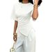Women's Solid Color T-Shirt European American Style round Neck Irregular Hem Short Sleeve Top for Casual Fashion_ecoleips.com