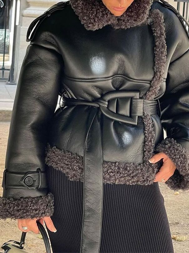 Women’s Black Long Faux Fur Leather Trench Coat – Belted Oversized Streetwear Jacket For EU/US (S-L, Edgy & Elegant)_ecoleips.com